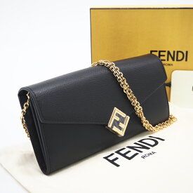 ★3日以内返品可★ 未使用 FENDI フェンディ FFダイヤモンド チェーン付き 長財布 8M0365 ショルダーバッグ ブラック ゴールド レザー レディース【中古】