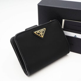 ★3日以内返品可★ 未使用 PRADA プラダ テスート レザー コンパクトウォレット 1ML018 二つ折り財布 ブラック ナイロン サフィアーノ レディース【中古】