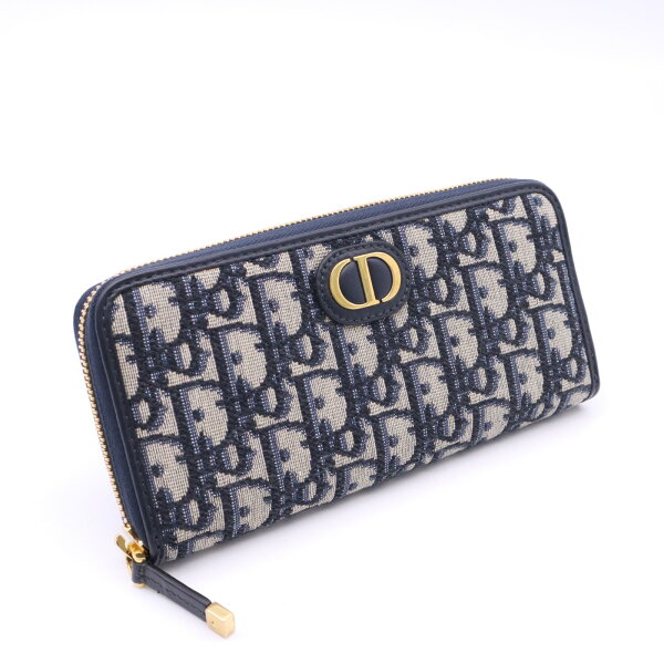 ★3日以内返品可★ 極美品 Christian Dior クリスチャンディオール ディオール オブリーク ジャカード 30 Montaigne Voyageur ロングウォレット S2094UTZQ_M928 長財布 ネイビー ベージュ キャンバス レザー レディース【中古】