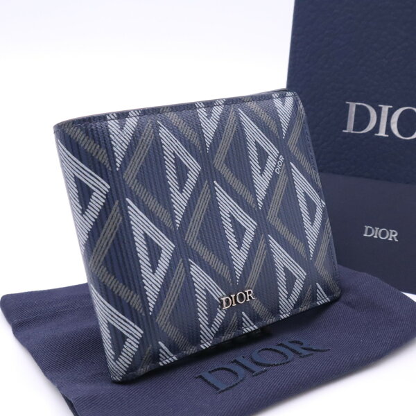 ★3日以内返品可★ 美品 Dior ディオール CDダイヤモンド コンパクトウォレット 2ESBH027DCO 二つ折り財布 ネイビー グレー コーティングキャンバス レザー レディース【中古】