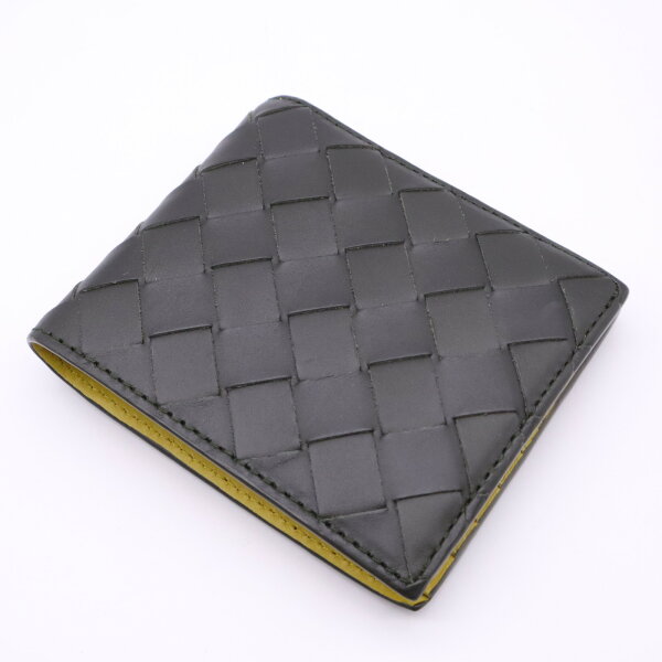 ★3日以内返品可★ 極美品 BOTTEGAVENETA ボッテガヴェネタ イントレチャート 二つ折りコンパクトウォレット 749412 二つ折り財布 カーキ イエロー カーフレザー メンズ【中古】