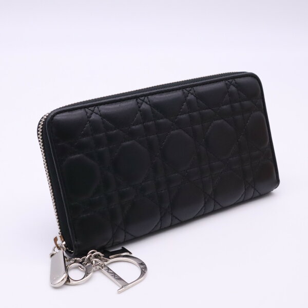 ★3日以内返品可★ 美品 Christian Dior クリスチャンディオール カナージュ ラムスキン Lady Dior Voyageur ウォレット S0007ONMJ 長財布 ブラック シルバー ラムスキン レディース【中古】
