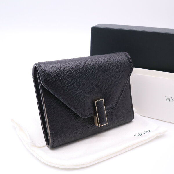 ★3日以内返品可★ 極美品 Valextra ヴァレクストラ イジィデ ウォレット SGES0005028LOCPS99NN 三つ折り財布 ブラック クリーム カーフレザー レディース【中古】