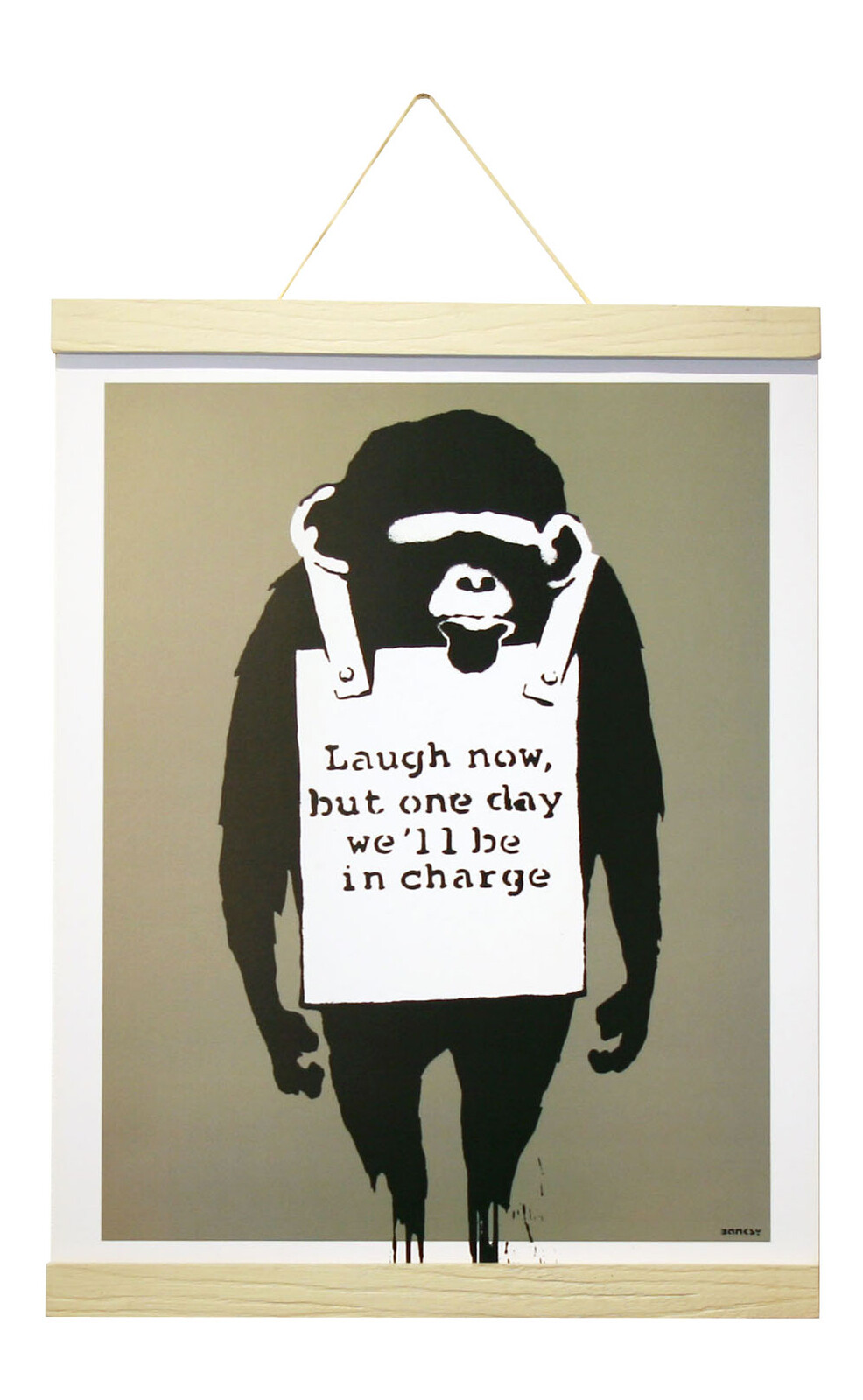 バンクシー ハンガータイプ ナチュラル Banksy Laugh Now(White Hanger style) iba-61993 絵画 壁掛け  おしゃれ アートパネル チンパンジー 送料無料 | 学校教材の専門店 美工社