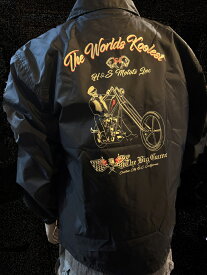 N コーチジャケット ハーレー バイカー アメ車 HOTROD アメカジ ホットロッド スカル チョッパー サイドバルブ ナックル パン ショベル エボ ストリート ロックンロール ピンストライプ ドラッグレース メンズ レディース"WORLD KOOLEST"ドラッグレース