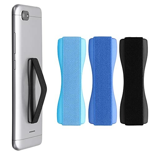 kwmobile 3x スマートフォン フィンガーホルダー 対応: iPhone Galaxy AQUOS など 片手 ゴムバンド グリップ 黒色 青色 ライトブルー