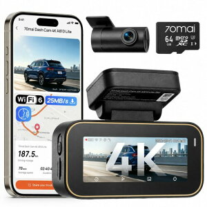 70mai Dash Cam 4K A810 Lite �h���C�u���R�[�_�[ �O��2�J���� HDR���� F1.55 ���L�p �����Î� GPS �펞�^�� �Ռ��^�� ���ԊĎ� ���{�ꉹ���R���g���[�� �X�}�z�A�g �p�\�R���Ɛڑ��\ �Z�K�F�؍�
