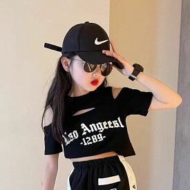 キッズ 子供服 Tシャツ 女の子 半袖 トップス 子供 夏 tシャツ キッズtシャツ おしゃれ 可愛い 薄手 へそ出し 肩出し 肩見せ ダンスウエア ダンス服 ヒップホップ ダンス k-pop 衣装 キッズダンス衣装 肩出し服 キッズTシャツ女の子 女の子服160 KUGA015(2色110-160)