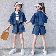 一部即納★ キッズ 子供服 セットアップ トップス ショートパンツ 2点セット 夏 女の子 デニム 上下セッ…
