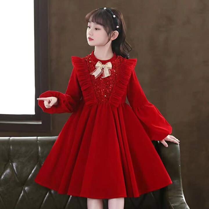 YIXNGLNSFK] ベビー服 ワンピース 長袖 キッズ 女の子 レッド フォーマル ベルベット ドレス 長袖 秋冬 ワンピース キッズ かわいい  フリル aライン ドレス 秋冬用 お宮参り 発表会 パーティー ファッション 幼児 女の子 クリスマスドレス ベルベット刺繍 長袖 スモック ... [YIXNGLNSFK] ベビー服 ワンピース 長袖 キッズ 女の子 レッド フォーマル ベルベット ドレス 長袖 秋冬 ワンピース