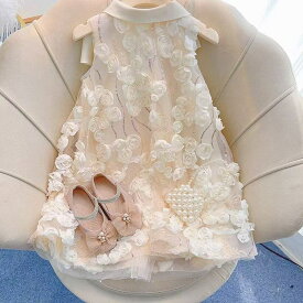 キッズ 子供服 ワンピース 女の子 夏 ノースリーブ ロングワンピース 可愛い キッズワンピース 花柄ワンピース 立体花柄 膝丈 前リボン 女の子ワンピースフォーマル キッズドレス150 結婚式ワンピース 子供ドレス発表会 キッズドレス結婚式 KWGA021(100-170)
