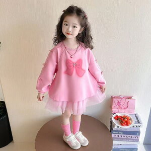 キッズ ワンピース トレーナー 秋 女の子 子供服 ジュニア 長袖 チュール リボン おしゃれ 可愛い ピンク プチプラ 小学生 子ども服 韓国子供服 トレーナーワンピース かわいいワンピース 2