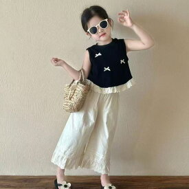 キッズ 子供服 セットアップ 上下セット Tシャツ パンツ 2点セット 夏 子供 女の子 ジュニア tシャツ ノースリーブ リボン 長ズボン ワイドパンツ レースパンツ キッズセットアップ 夏セットアップ おしゃれ 可愛い カジュアル 小学生 4歳 女の子服 KSGA131(90-140)