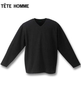 大きいサイズ メンズ TETE HOMME ブリスタージャガードVネック 長袖Tシャツ ブラック 3L 4L 5L 6L 送料無料