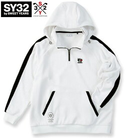 大きいサイズ メンズ SY32 by SWEET YEARS ゴルフ キルトニット ジャガード フーディー ハーフジップ ホワイト 3L 4L 5L 6L 送料無料