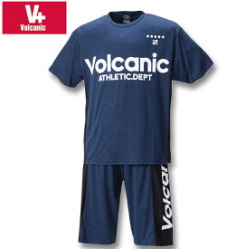 大きいサイズ メンズ VOLCANIC(ヴォルケニック) カチオン天竺切替半袖Tシャツ+ハーフパンツ ネイビー杢 3L 4L 5L 6L 送料無料