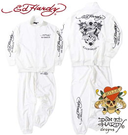 大きいサイズ メンズ Ed Hardy エドハーディー 刺繍&プリント ジャージ 上下セット ホワイト 3L 4L 5L 6L 送料無料