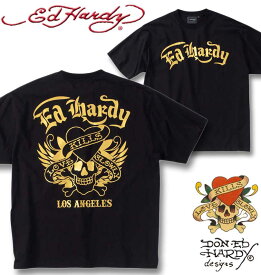 大きいサイズ メンズ Ed Hardy 天竺 箔プリント 半袖 Tシャツ ブラック×ゴールド 3L 4L 5L 6L 8L 送料無料