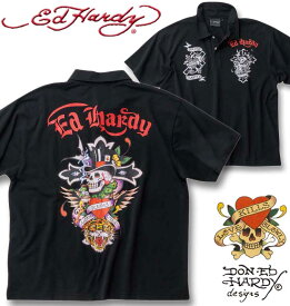 大きいサイズ メンズ Ed Hardy 鹿の子 プリント 半袖 ポロシャツ ブラック 3L 4L 5L 6L 8L 送料無料