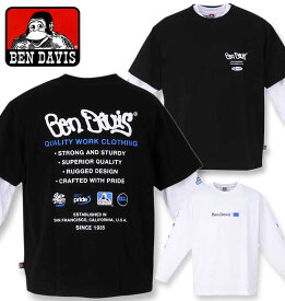 【全品ポイント5倍】大きいサイズ メンズ BEN DAVIS 長袖T&半袖TレイヤードTシャツ ブラック×ホワイト 3L 4L 5L 6L 送料無料