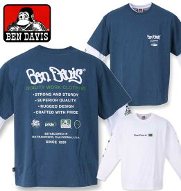 【全品ポイント5倍】大きいサイズ メンズ BEN DAVIS 長袖T&半袖TレイヤードTシャツ ダークブルー×ホワイト 3L 4L 5L 6L 送料無料