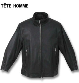 大きいサイズ メンズ TETE HOMME スタンドカラー レザーブルゾン ブラック 3L 4L 5L 6L 送料無料