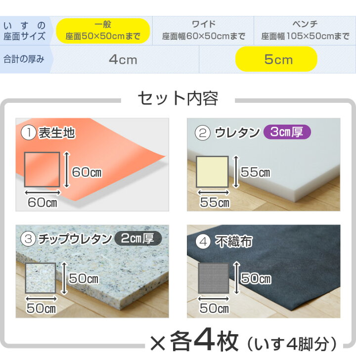 楽天市場】椅子の張り替え セット レザー 合皮 無地 【5cm厚】【4脚分】キット イス 張り替え いす ダイニングチェア 国産生地 抗菌 難燃 飲食店に 修理 座面 貼り替え 椅子張替え はりかえ 椅子の張替え 椅子 張替え : 家具と雑貨 Bigmories 楽天市場】椅子の張り替え セット レザー 合皮 無地 【5cm厚】【4脚分】キット イス 張り替え いす ダイニングチェア 国産生地 抗菌 難燃 飲食店に 修理 座面 貼り替え 椅子張替え はりかえ 椅子の張替え 椅子 張替え : 家具と雑貨 Bigmories