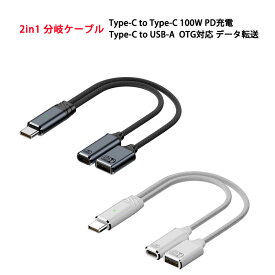 分岐ケーブル 2in1 Type-C USB-A USB2.0 OTG対応 データ転送 480Mbps 100W PD充電 急速充電 同時使用可能 充電 ケーブル タイプC タイプA USB OTGケーブル 変換ケーブル OTGメス端子 スマホ タブレット ノートPC用 13.4cm 軽量 コンパクト