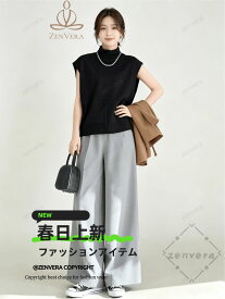 レディース セットアップ 夏 2点セット ノースリーブ ハイネック ワイドパンツ ゆったり 着痩せ 体型カバー シンプル カジュアル 通勤 オフィス 上下セット 大人 おしゃれ 涼しい 韓国ファッション ZenVera