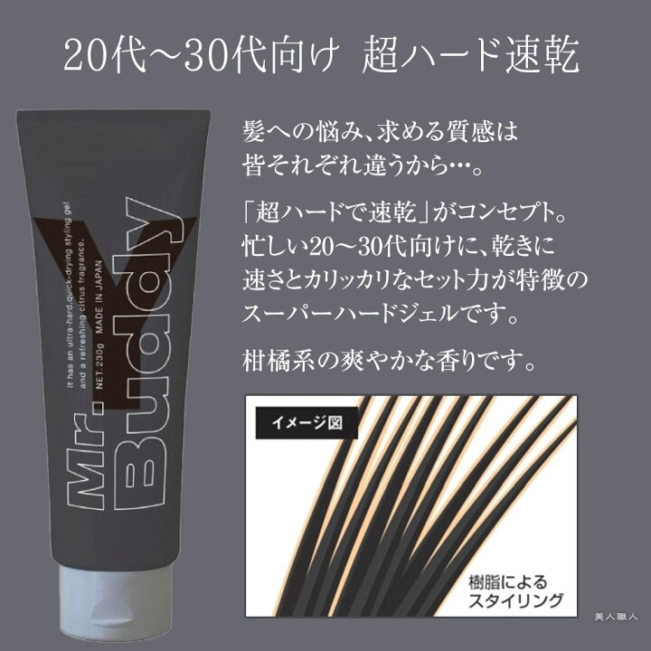 楽天市場 あす楽 送料無料 ミスターバディ ジェル Y A 230g 正規品 ハードジェル スーパーハードジェル ジェル おすすめ 使い方 髪 髪型 セット 市販 整髪料 メンズ ヘア モヒカン ランキング 男性用 美容院 イリヤ イリヤコスメティクス 美人職人