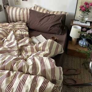 布団カバーセット ストライプ ブラウン 北欧 レトロ 綿100% 掛ふとんカバー3点セット 4点セット シングル ダブル クイーン ボックスシーツ フラットシーツ 通気性 柔らか 掛け布団カバー 四