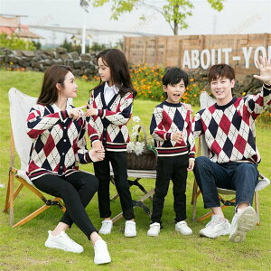 親子ペア トレーナー 秋冬用 セーター ニット 丸襟 チェック柄 菱形デザイン トップス 韓国風リンクコーデ パパとお揃い 家族写真に最適 カジュアルファッション かわいい親子コーデ