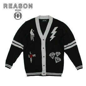 REASON リーズン LOVE LOST ジャガード織 KNIT CARDIGAN ニットカーディガン ミドルゲージ ポケット付き/B系/ストリート/ダンス衣装/チーム/カジュアル/アメカジ/インポート/M L XL 2XL 3XL/大きいサイズ/ビッグサイズ