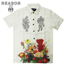 REASON リーズン WOVEN SHIRT KAMIKAZE SHIRT 半袖シャツ ポリエステル フロントボタンアップ 虎と花柄プリント /B系/ストリート/ダンス衣装/チーム/カジュアル/アメカジ/インポート/M L XL 2XL 3XL/大きいサイズ/ビッグサイズ