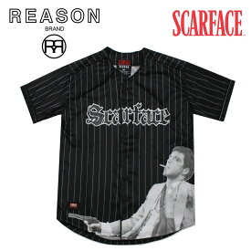 【新着2024年春】REASON リーズン SCAFACE スカフェイス コラボ PINSTRIPE BASEBALL JERSEY/ポリエステル/ フロントボタンアップ/B系/ストリート/ダンス衣装/チーム/カジュアル/アメカジ/インポート/M L XL 2XL 3XL/大きいサイズ/ビッグサイズ