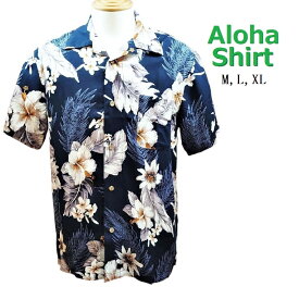 【 Styled by Originals 】　ハワイアン花柄　アロハシャツ　ネイビー　M,L,XL　レーヨン100％　半袖　開襟