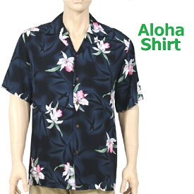 【 TWO PALMS 】　ハワイ発　メンズ アロハシャツ　ミッドナイトオーキッド　ブラック　レーヨン100％　MADE IN HAWAII　（S〜2XL）
