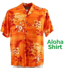 【 TWO PALMS 】　ハワイ発　メンズ アロハシャツ　ムーンライトシーニック　オレンジ　レーヨン100％　MADE IN HAWAII　（S〜2XL）