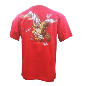 【是空】　鷲　刺繍 Tシャツ　半袖　和柄　ブラック＆レッド　（M、L、LL）　オラオラ系　Eagle