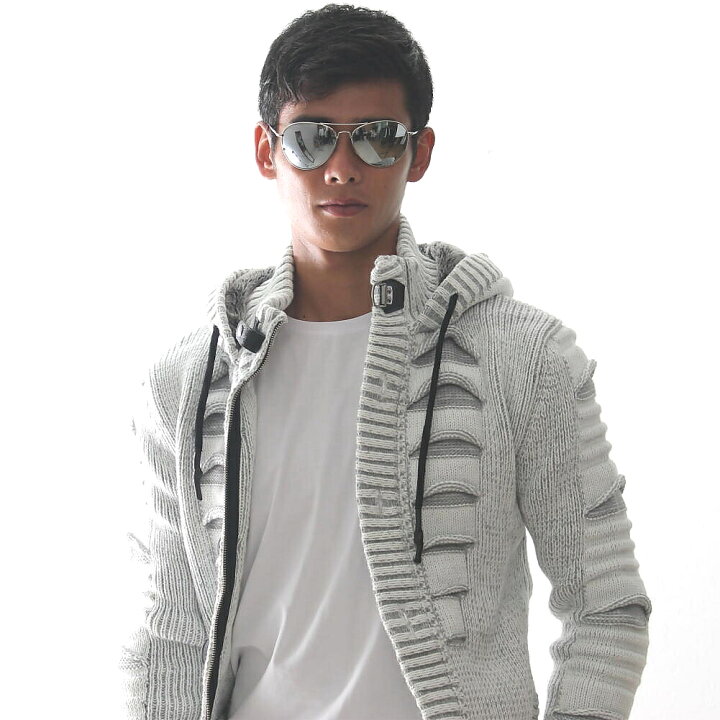 ニットパーカー ジップアップ ハイネックニット ニットジャケット メンズ 厚手 ローゲージ セーター 白グレー 黒 Xxl大きいサイズも入荷 最新の激安