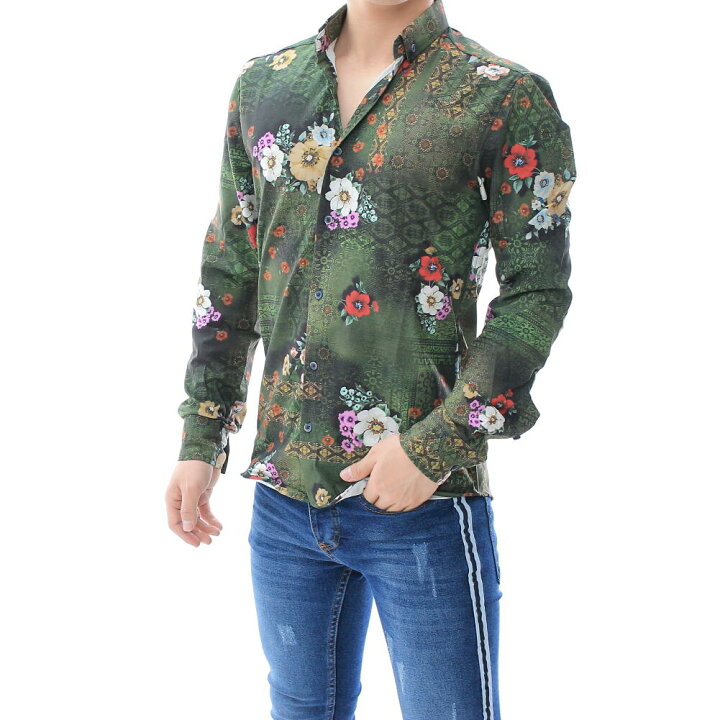 楽天市場】柄シャツ 花柄シャツ 長袖シャツ ストレッチ メンズ 緑 