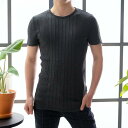 半袖ニット　サマーニット　サマーセーター　メンズ　春ニット　夏ニット　クルーネックニット　チャコールグレー 　リブニット　シャドーストライプ Tシャツ　無地　綿50％　メンズ タイト 夏 黒 大きいサイズ も入荷 メール便可