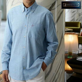ビバリーヒルズポロクラブ ボタンダウン 長袖シャツ メンズ 水色 カジュアル　胸ポケット 綿麻素材