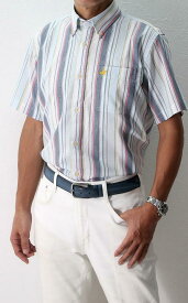 ビバリーヒルズポロクラブ ストライプ ボタンダウンシャツ 半袖シャツ メンズ 水色ベース 夏 カジュアル 父の日 プレゼント