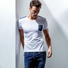 Vネック Tシャツ 半袖 メンズ デニム切換え 白　父の日　プレゼント　大きいサイズも入荷