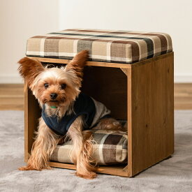 ペットスツール PET-169C ブラウン スツール ペット ペットスツール クッション 天然木 かわいい おしゃれ 小型犬 猫 ネコ いぬ チェック シンプル コットン ペットベッド おすすめ ふわふわ ドーム 犬小屋
