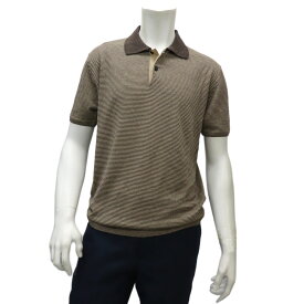 WOOL＆CO ≪ウール＆コー≫　イタリアブランド コットン＆リネン 綿麻 半袖ポロシャツ メンズ ボーダー　サマーニット ≪ベージュxブラウン≫25000-WATK