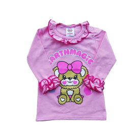 【50%OFF セール】アースマジック ベビー EARTHMAGIC BABY アーチ＆マフィープリント長袖Tシャツ 2021秋冬 子供服 ベビー服 ベビー 女の子 女児 トップス 肩あき フリル 可愛い 女の子らしい お出かけ 保育園 シロ 白 ピンク イエロー 黄色 80 90