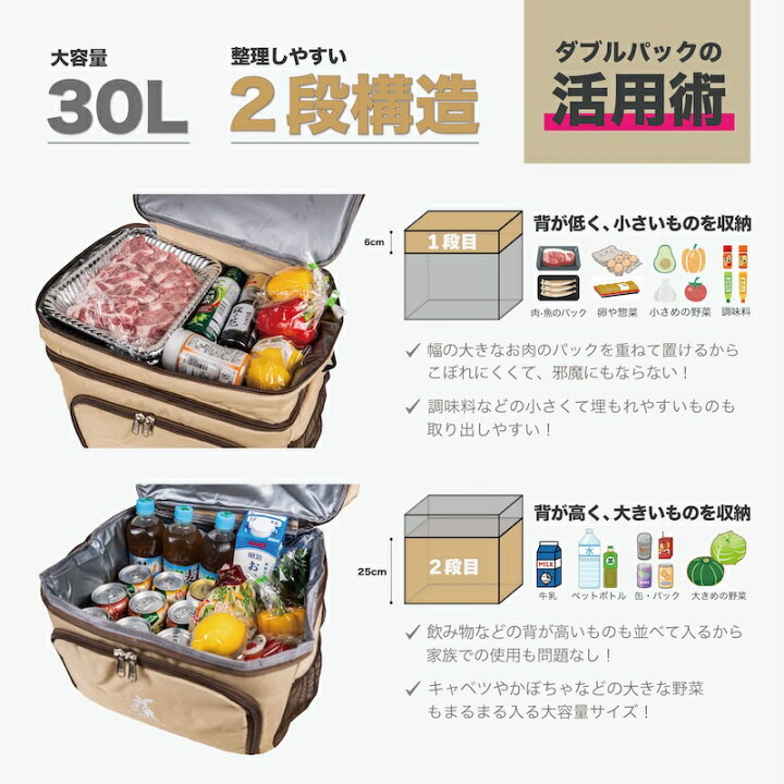 楽天市場】ソフトクーラーバック ダブルパック 30L 2段収納 キッチン 
