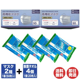 【マスク2箱＋除菌アルコールタオル4個セット】3層構造高機能マスク50枚入×2箱、大人用+除菌アルコールタオル ウェットタイプ 大判サイズ20枚入×4個【 風邪 マスク 不織布 プリーツ 大人用 使い捨て PM2.5 ほこり 飛沫防止 】